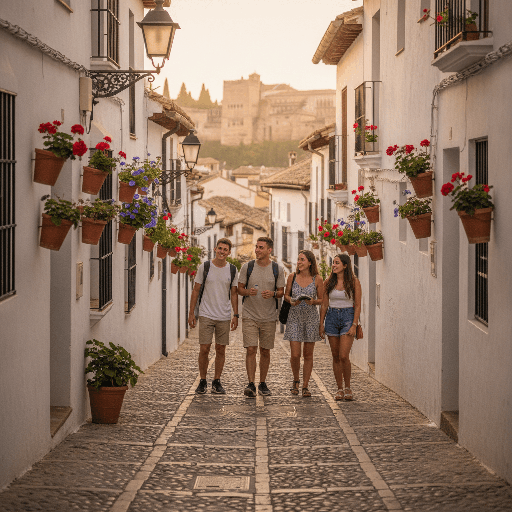 Quartiere Albaicín di Granada con studenti Erasmus che passeggiano tra i vicoli — migliori quartieri per studenti a Granada